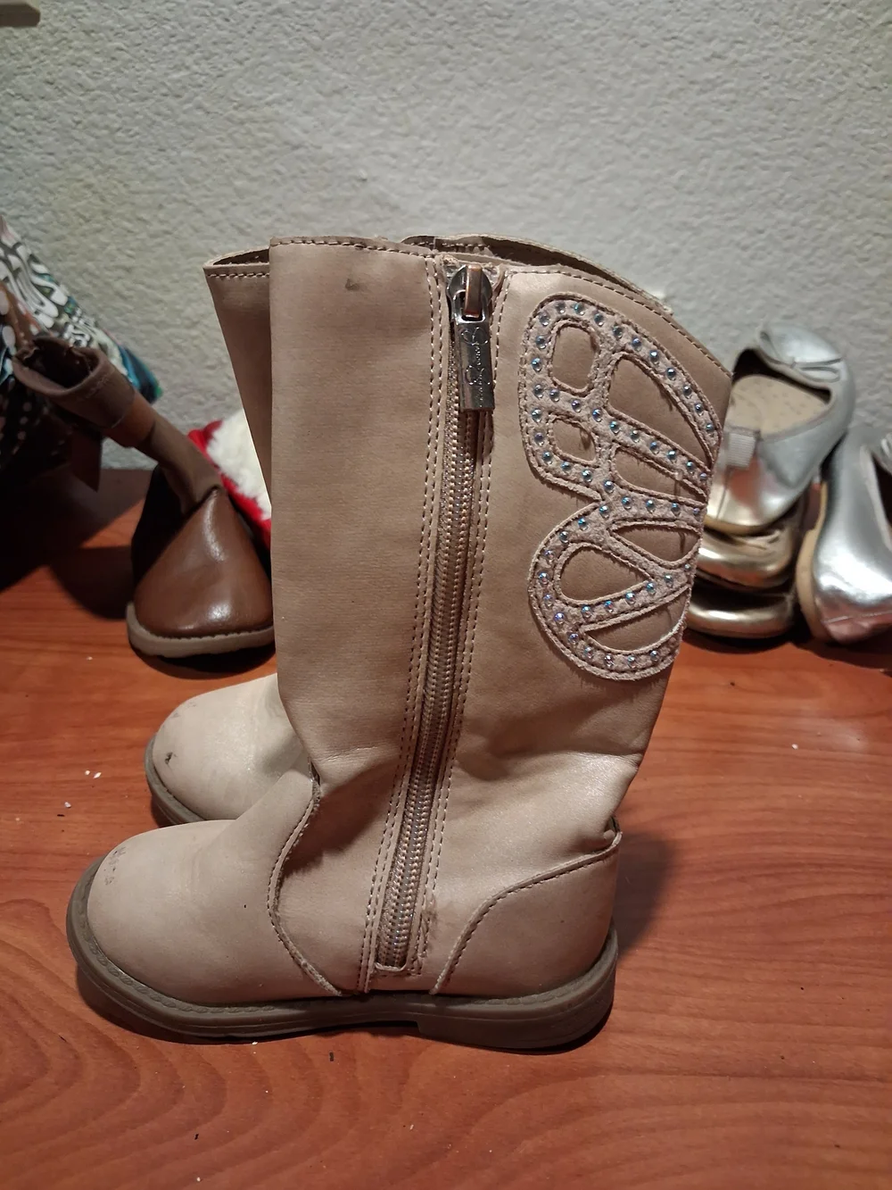 Jessica Simpson Beige Girls' Mid-Calf Zip Boots with Rhinestone Swirl